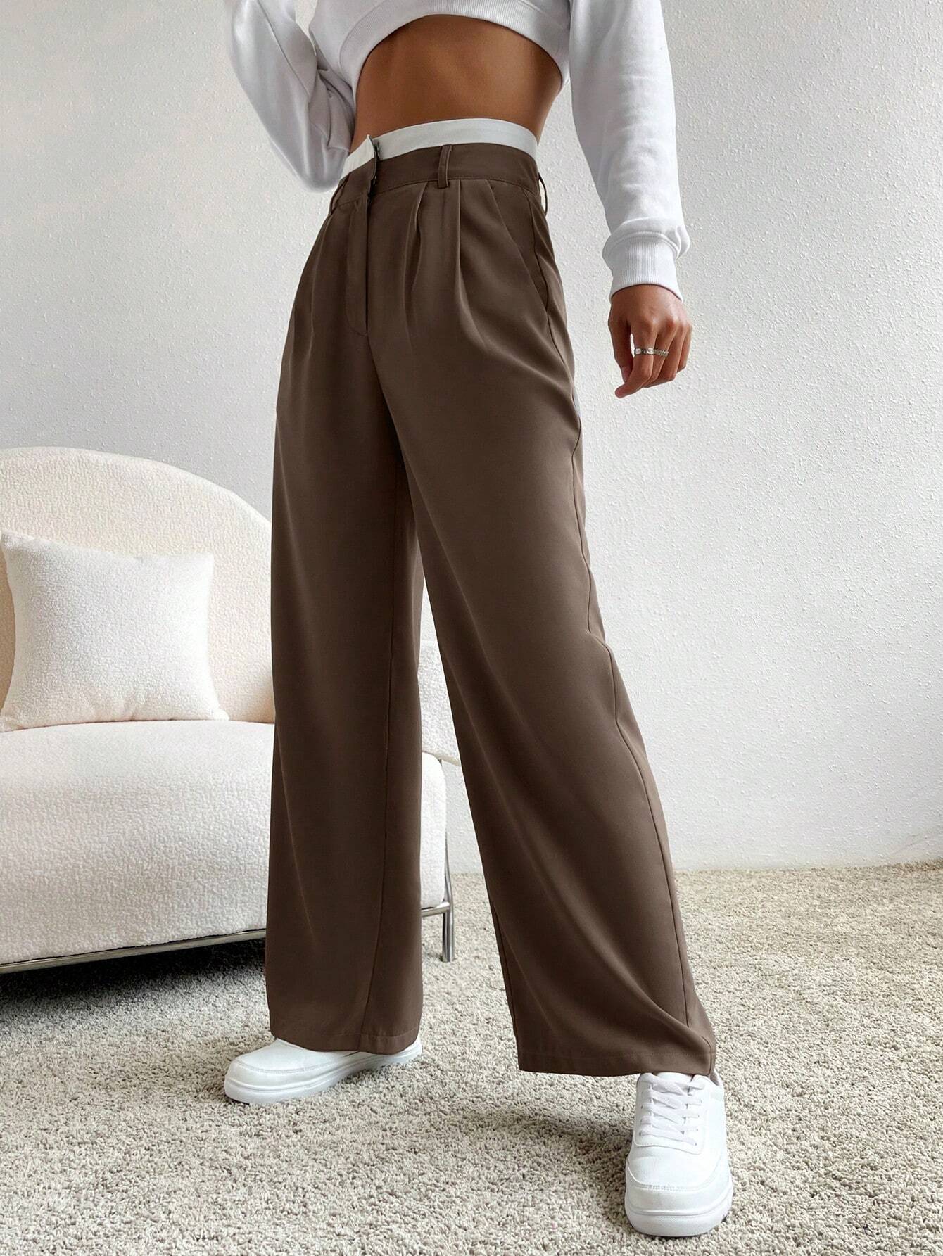 Calça Feminina Pantalona Marrom com Branco