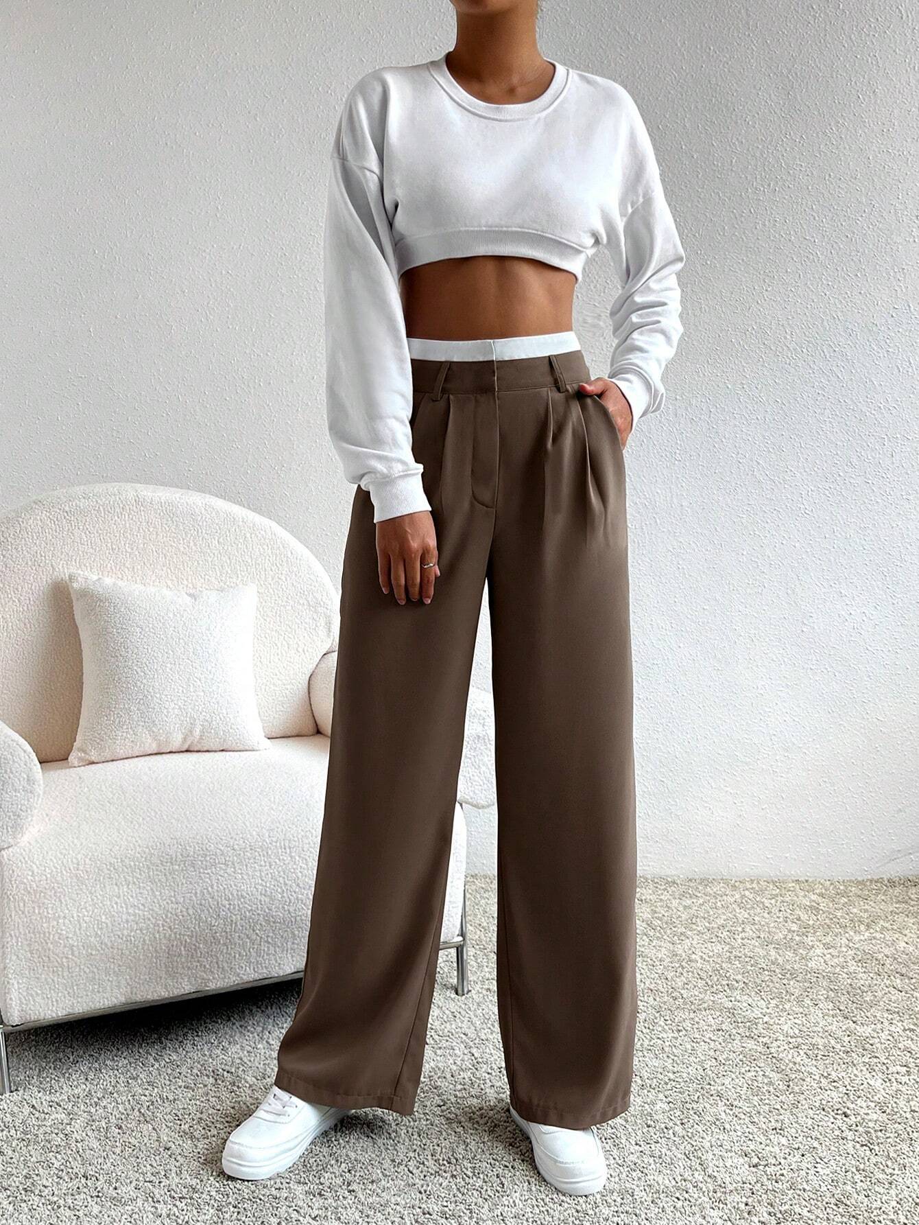 Calça Feminina Pantalona Marrom com Branco