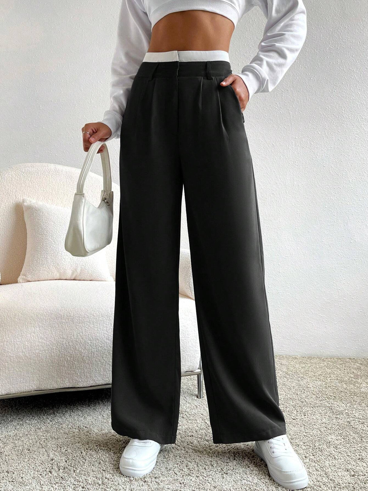 Calça Feminina Pantalona Preto com Branco