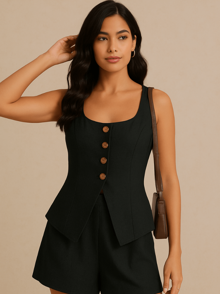 Conjunto Tânia Short e Colete no Linho Preto