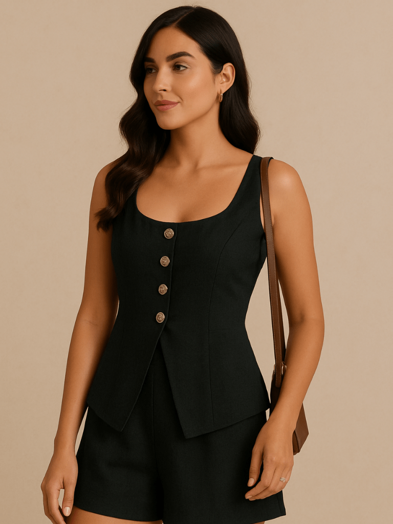 Conjunto Tânia Short e Colete no Linho Preto
