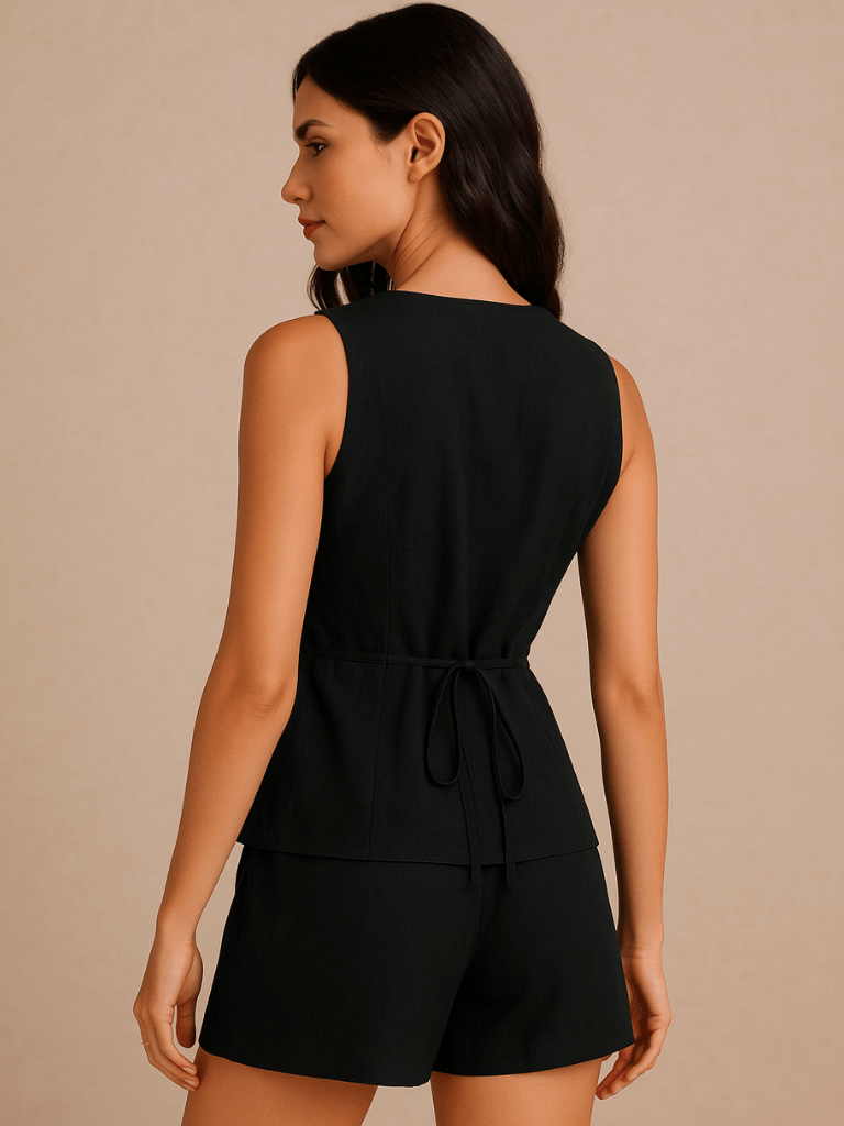 Conjunto Tânia Short e Colete no Linho Preto