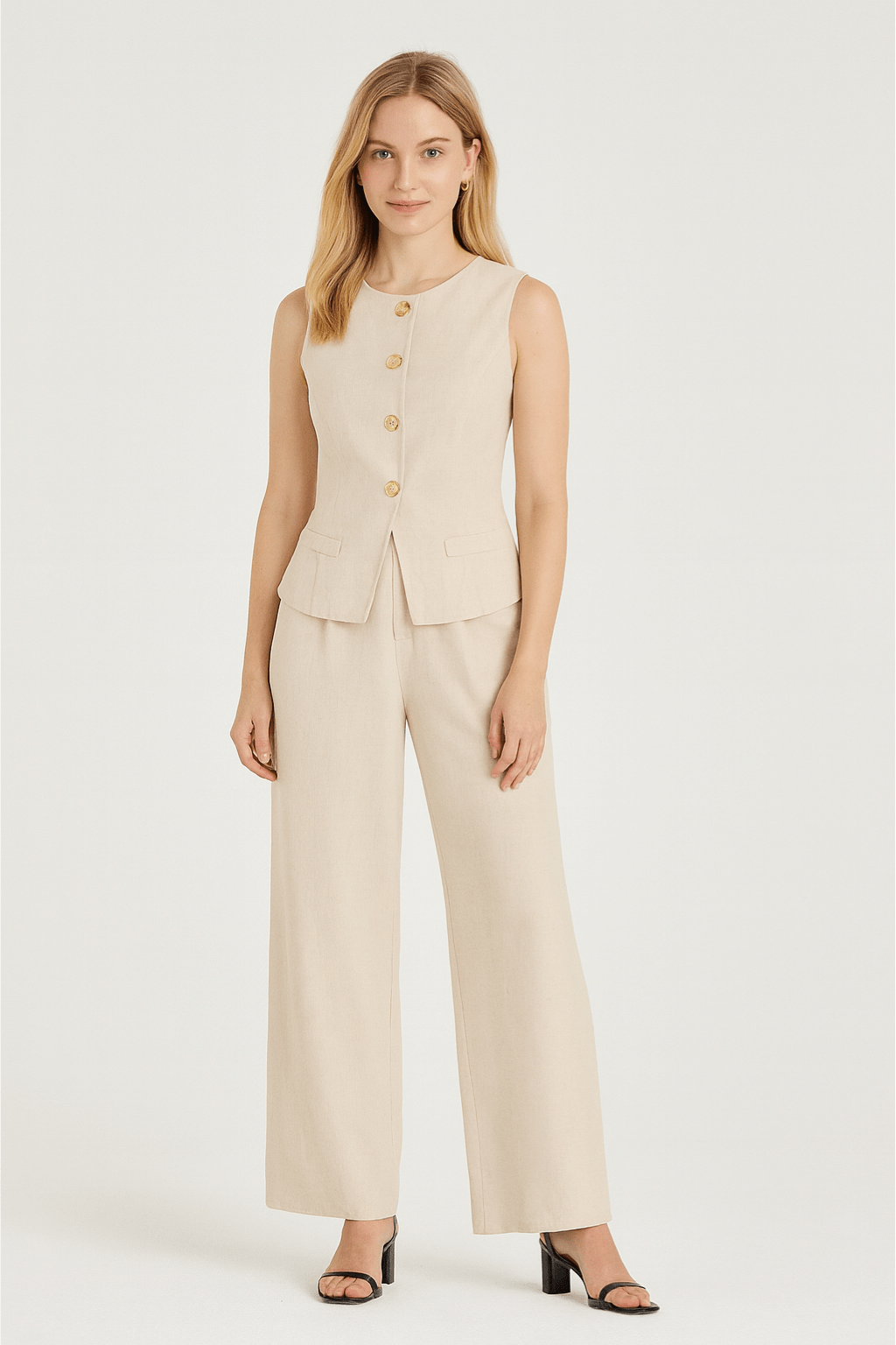 Conjunto Viviane Calça Pantalona e Colete Cáqui
