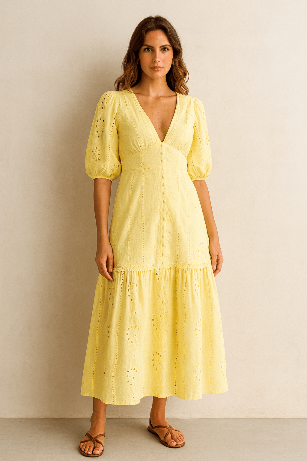 Vestido Amarelo Manteiga Longo Com Renda Decote em V