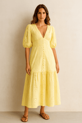 Vestido Amarelo Manteiga Longo Com Renda Decote em V