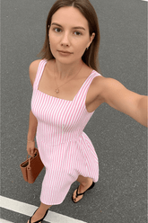 Vestido Grazi Listrado Decote Quadrado Sem Manga Rosa