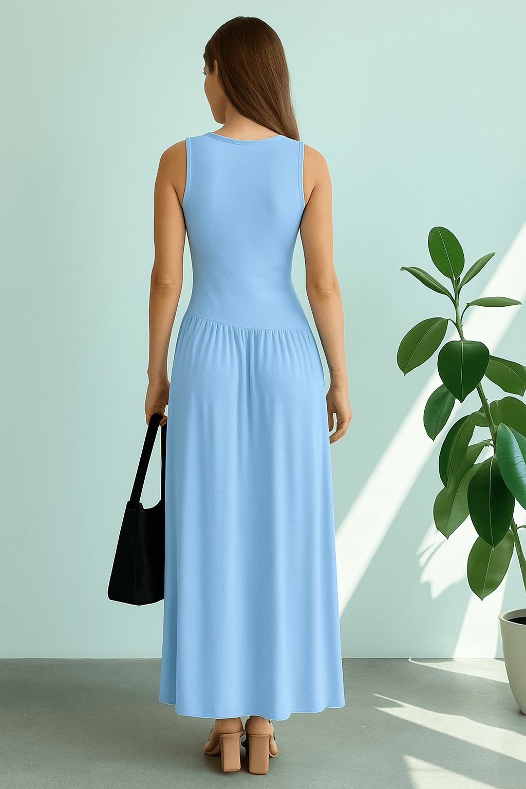 Vestido Meline Longo Cintura Franzida Minimalista Azul