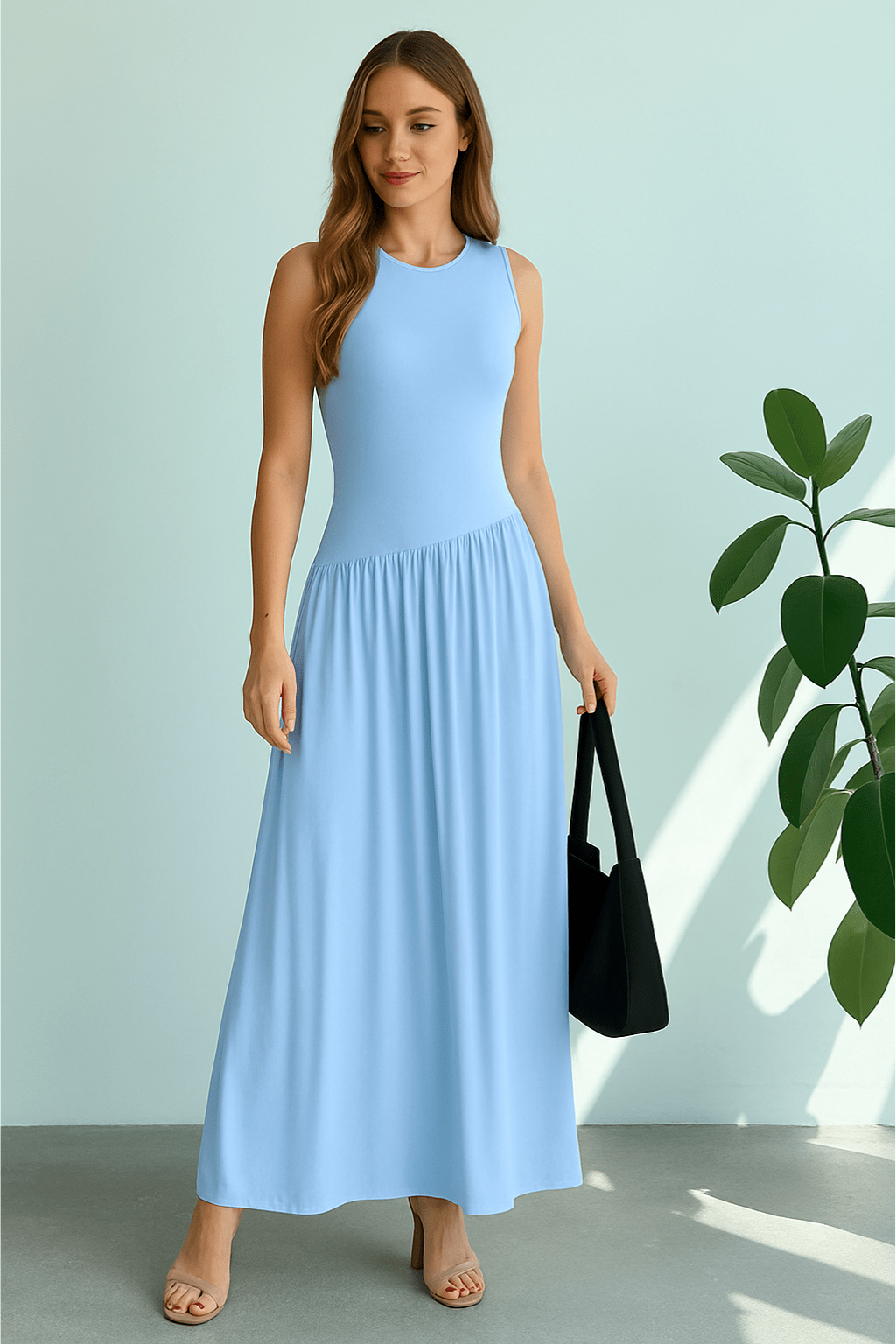 Vestido Meline Longo Cintura Franzida Minimalista Azul