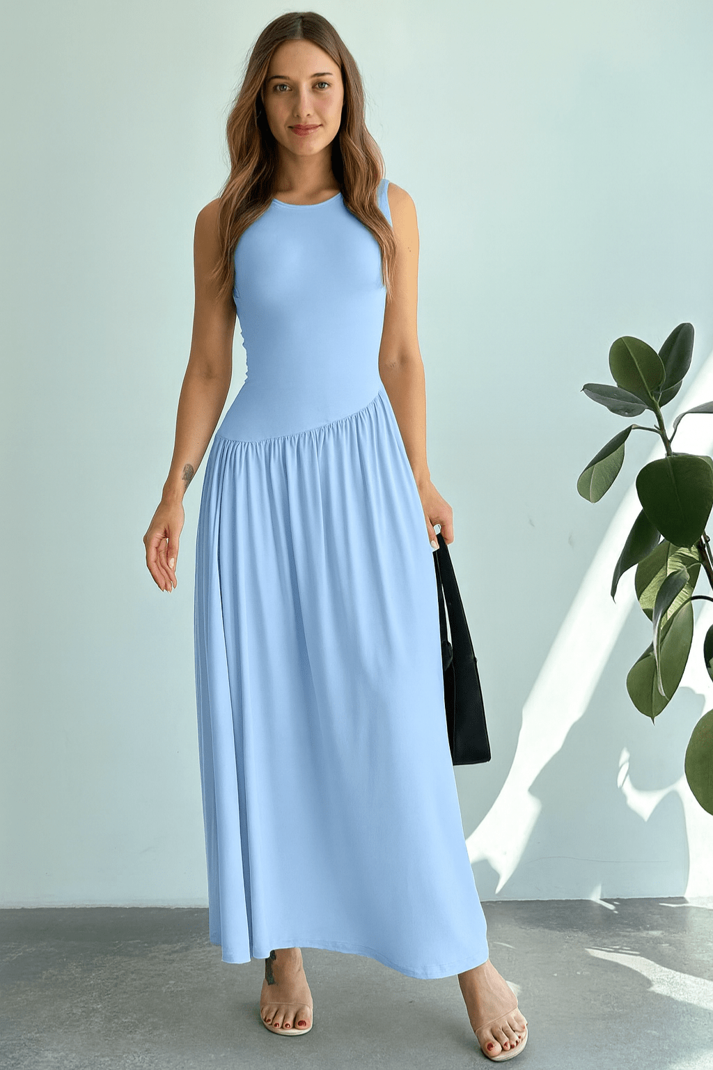 Vestido Meline Longo Cintura Franzida Minimalista Azul