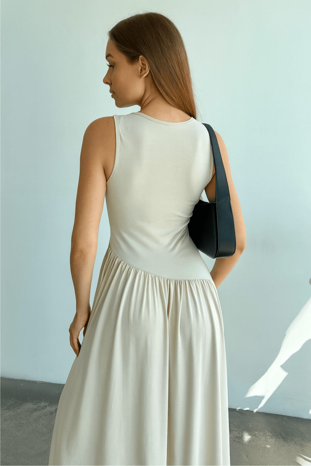 Vestido Meline Longo Cintura Franzida Minimalista Damasco