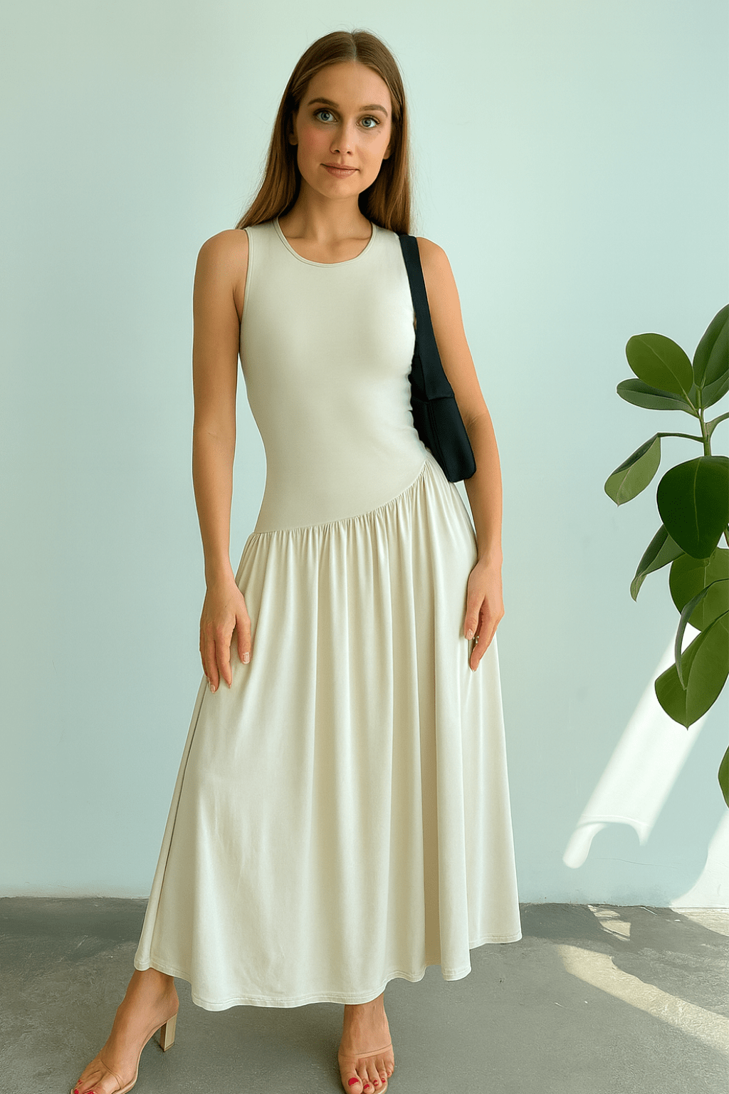 Vestido Meline Longo Cintura Franzida Minimalista Damasco