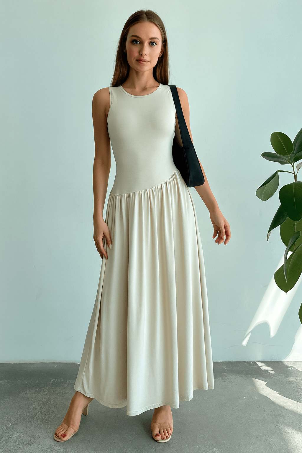 Vestido Meline Longo Cintura Franzida Minimalista Damasco