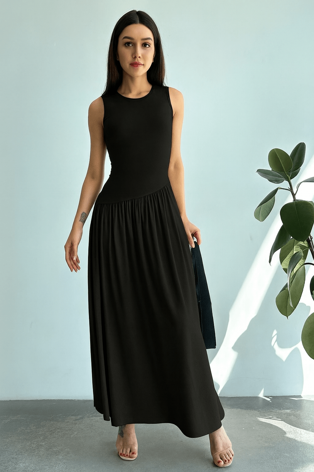 Vestido Meline Longo Cintura Franzida Minimalista Preto