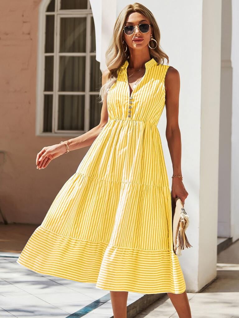 Vestido Midi Listrado Amarelo Constança