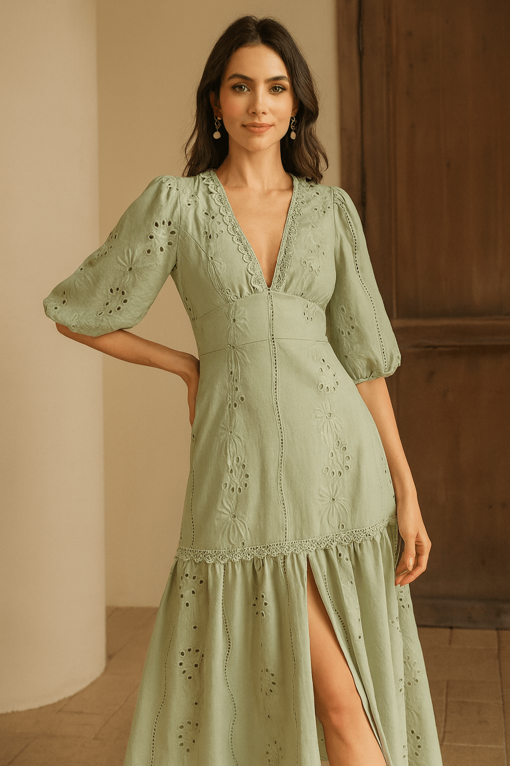 Vestido Verde Longo Com Renda Decote em V
