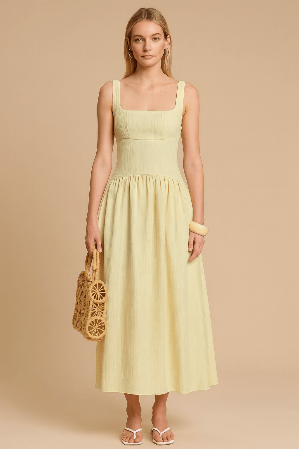 Vestido Vivi Decote Quadrado Plissado Sem Mangas Amarelo