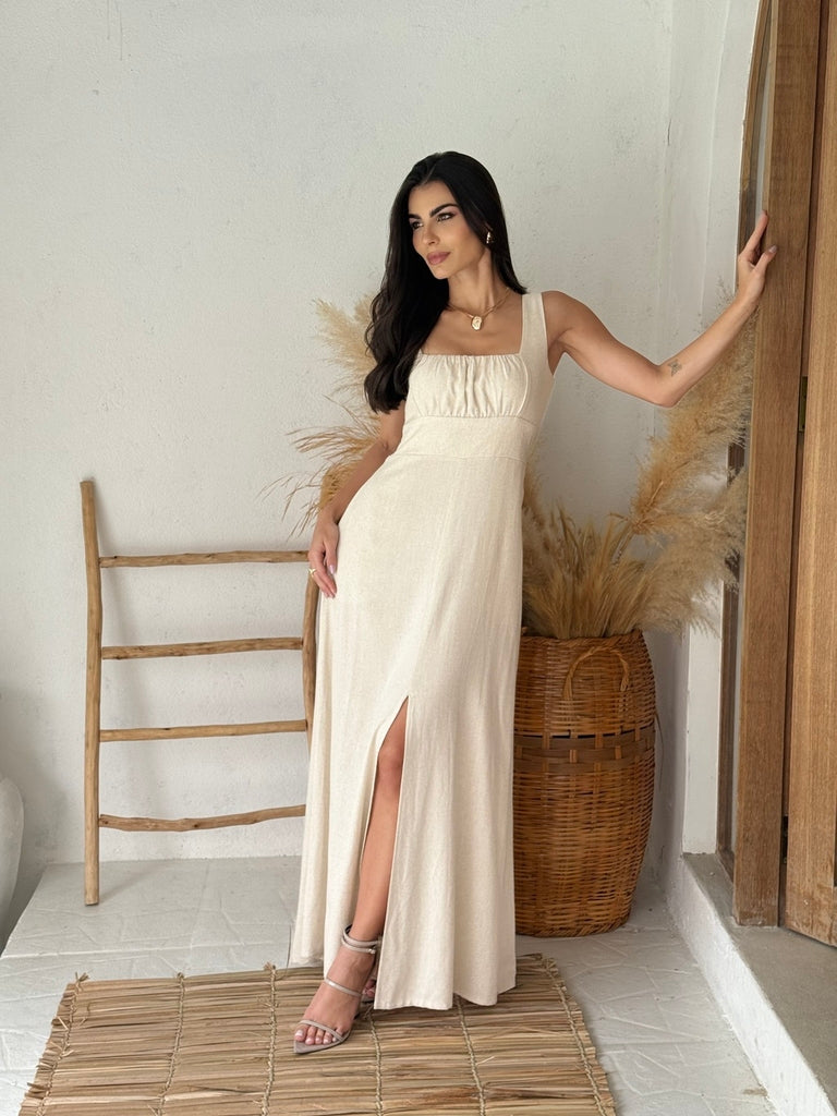 Vestido Longo Bege Linho Premium