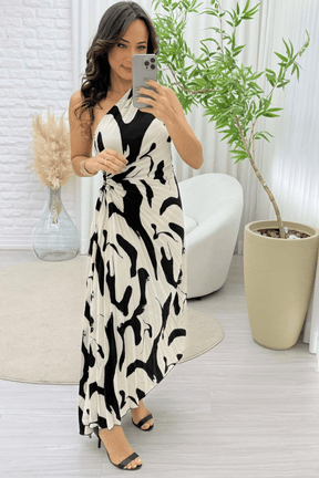 Vestido Midi Plissado Branco com Preto Toledo