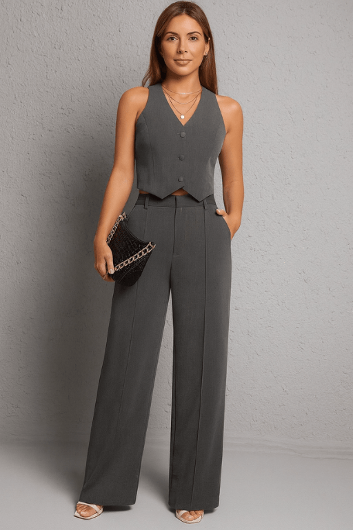 Conjunto Feminino Calça Pantalona e Colete Luciara