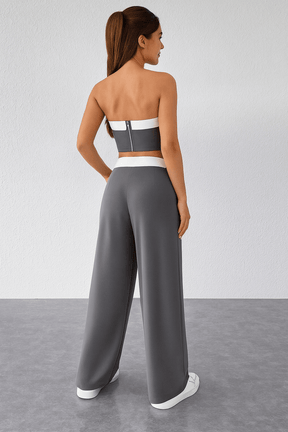 Conjunto Feminino Calça Pantalona e Cropped Helena Cinza