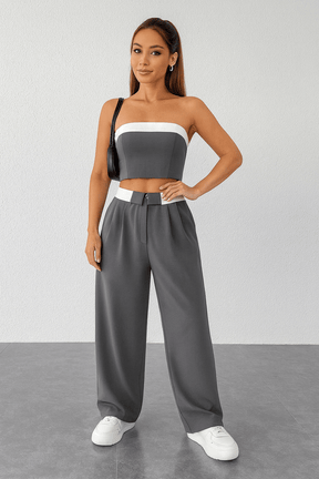 Conjunto Feminino Calça Pantalona e Cropped Helena Cinza
