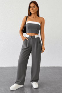 Conjunto Feminino Calça Pantalona e Cropped Helena Cinza