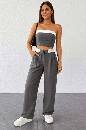 Conjunto Feminino Calça Pantalona e Cropped Helena Cinza