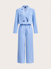 Conjunto Feminino Calça e Jaqueta Curta Azul Malvinas