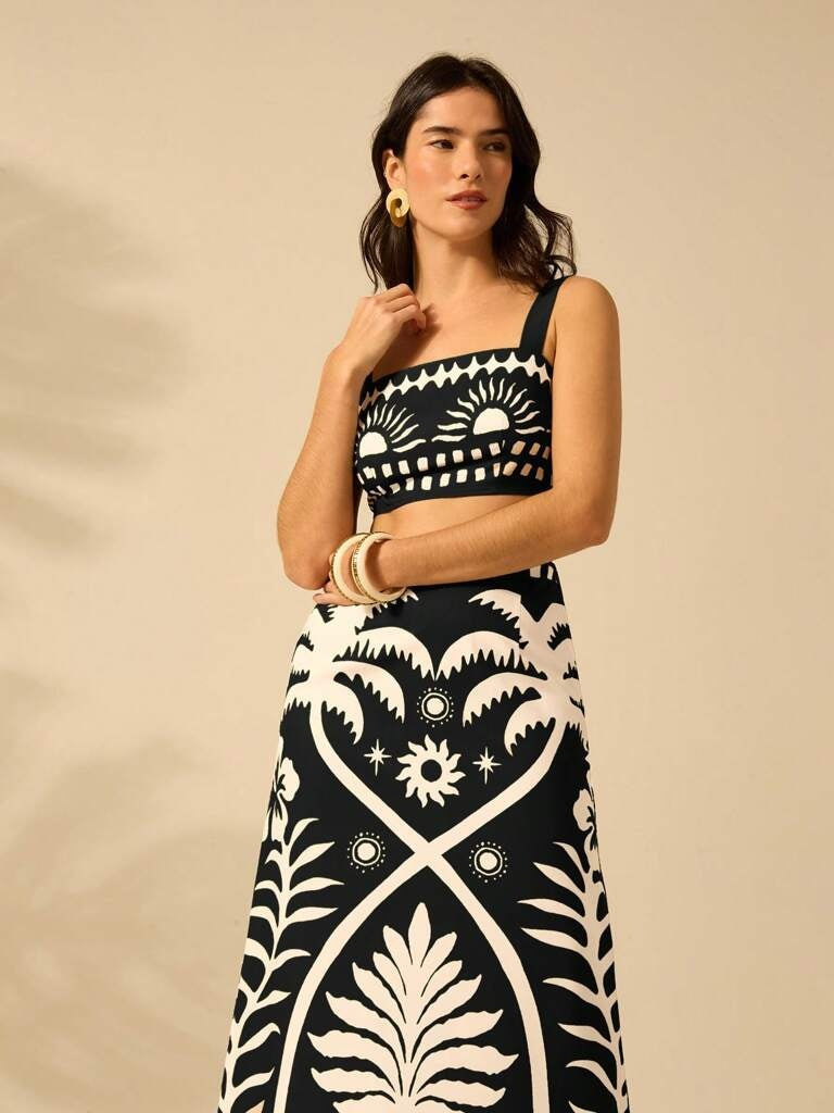 Conjunto Feminino Estampa Tropical Preto Zurique