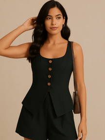 Conjunto Tânia Short e Colete no Linho Preto
