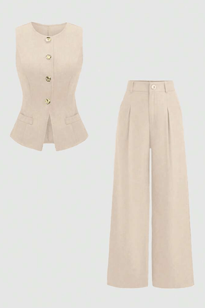 Conjunto Viviane Calça Pantalona e Colete Cáqui