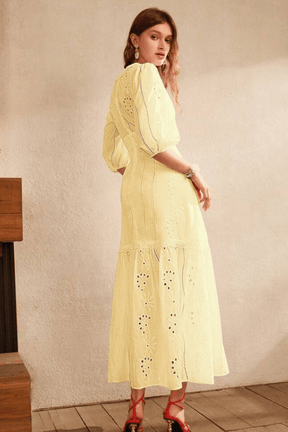 Vestido Amarelo Manteiga Longo Com Renda Decote em V