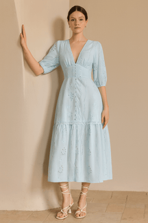 Vestido Azul Longo Com Renda Decote em V