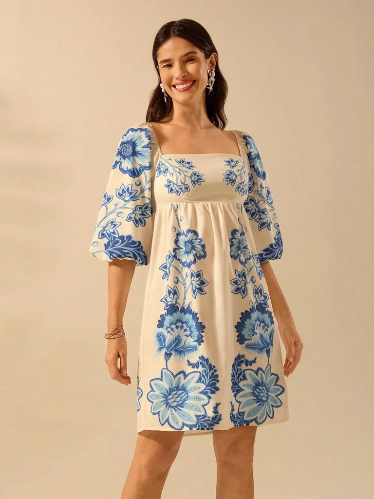 Vestido Curto Manga Bufante Modelo Tereza