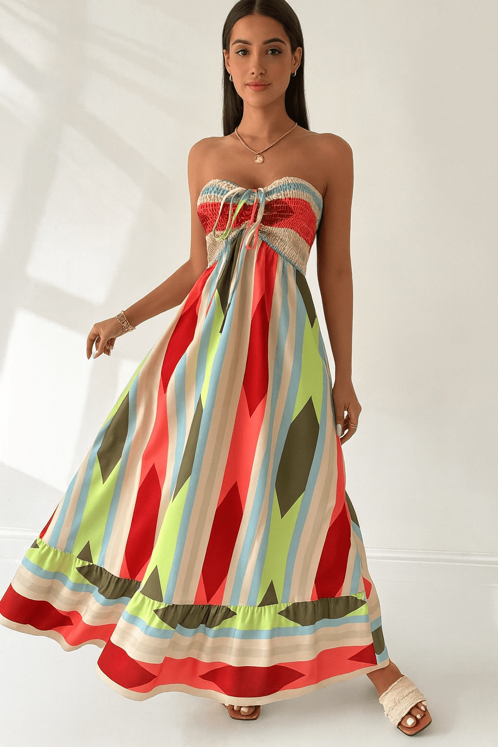 Vestido Longo Estampa Geométrica Vermelho