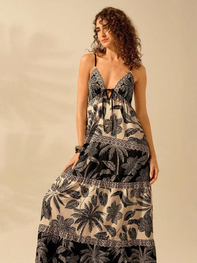 Vestido Longo Preto e Bege Estampa Tropical