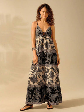 Vestido Longo Preto e Bege Estampa Tropical