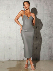 Vestido Midi Em Couro Cinza