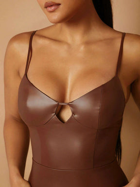 Vestido Midi Em Couro Marrom