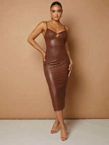 Vestido Midi Em Couro Marrom