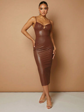 Vestido Midi Em Couro Marrom