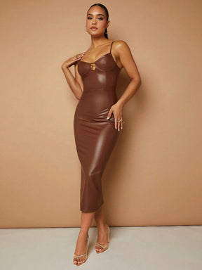 Vestido Midi Em Couro Marrom