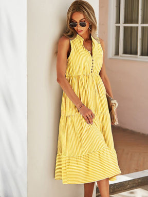 Vestido Midi Listrado Amarelo Constança