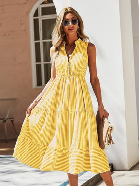Vestido Midi Listrado Amarelo Constança