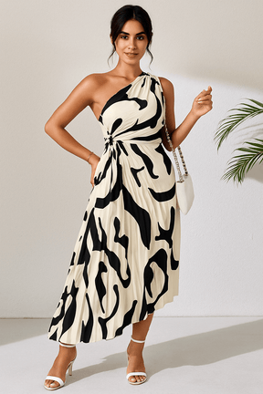 Vestido Midi Plissado Branco com Preto Toledo