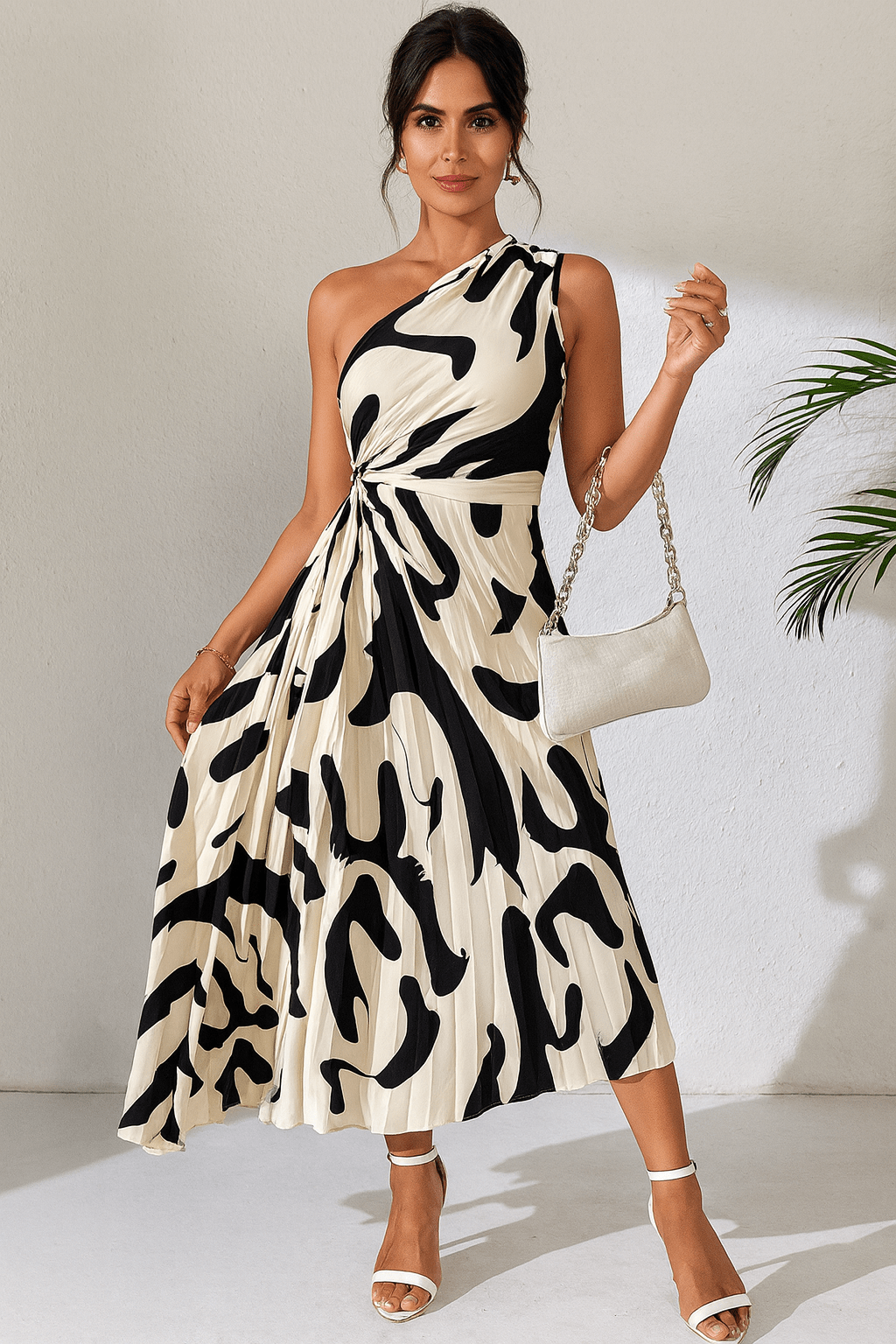 Vestido Midi Plissado Branco com Preto Toledo