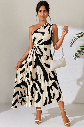 Vestido Midi Plissado Branco com Preto Toledo