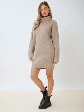 Vestido Tricot De Manga Marrom Paris