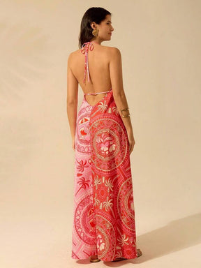 Vestido Vermelho Estampa Tropical