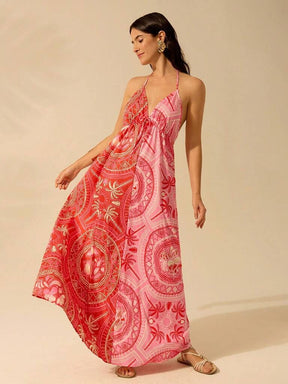 Vestido Vermelho Estampa Tropical